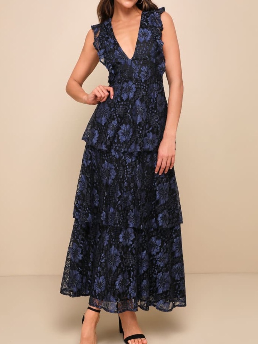 Lulus Molinetto Navy Blue Lace Ruffled Tiered Sleeveless Maxi Dress Evening XS